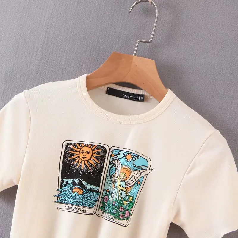 Linjiashop Tarot Card Short Sleeve Cropped Lettuce Hem Sexy Summer T-shirt for Girls O-Neck Graphic Tees Pullovers