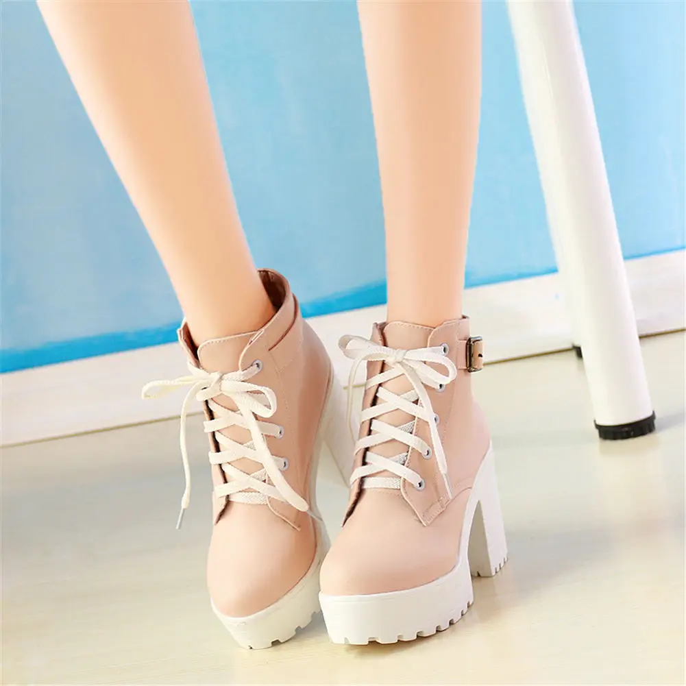 

Kairnluna 2020 Autumn Ankle Boots Boots Woman Round Toe Buckle Shoes Women High Heel Fashion Large Size 43 Square Heels Shoelace