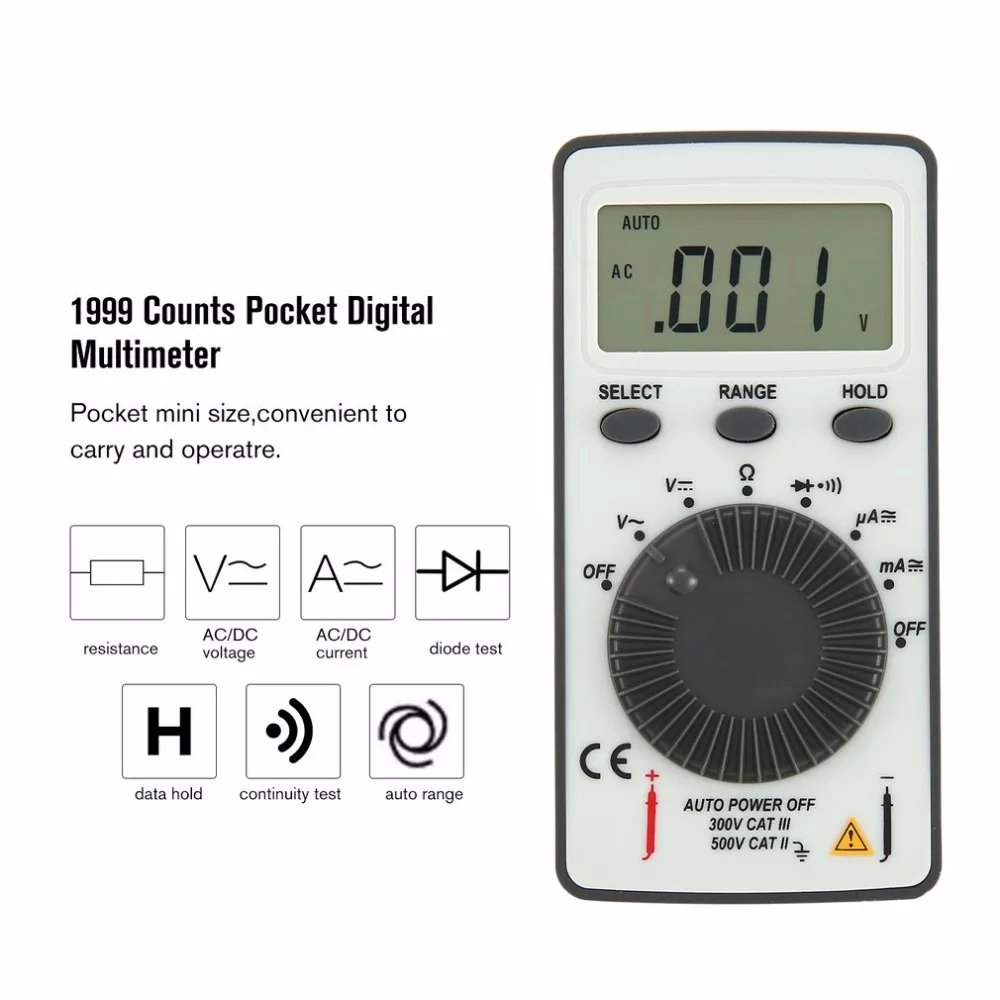 DT9210 1999 Counts Pocket Digital Multimeter AC/DC Voltage Ammeter Tester Resistor Diode Continuity Test Data Hold Auto Range