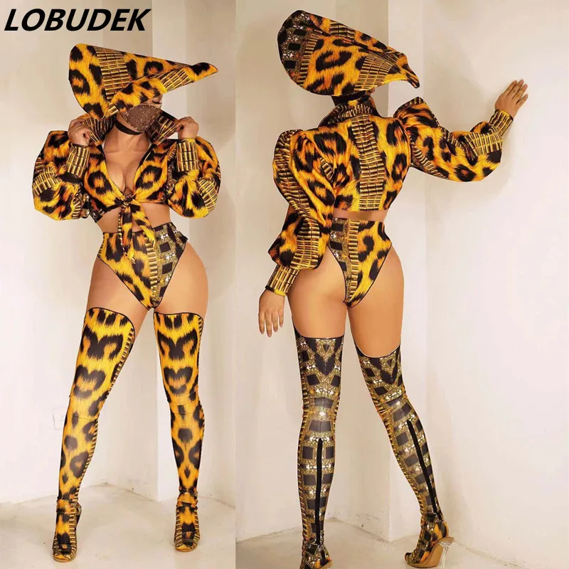 

Leopard Tops Shorts Hat Leg Cover Women Jazz Dance Costume Nightclub Bar DJ Singer Leading Dancer Performance Sexy Stage Wear