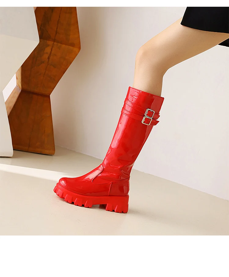Double-Breasted Shiny Patent Leather Women's Knee-Length Boots Flat-Bottomed Platform With Plush Lining Long Boots 2022
