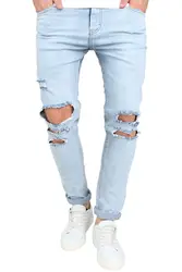2017 летние новые высокие уличные модные мужские джинсы легкая голубая джинсовая ткань рваные джинсы мужские обтягивающие рваные