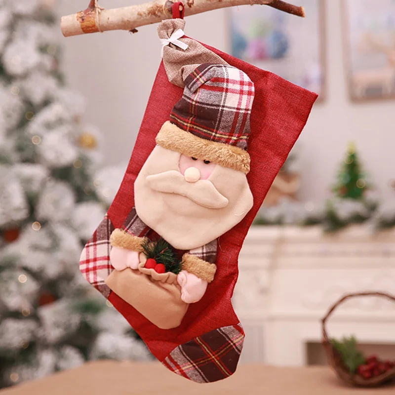 Christmas Stocking For Christmas Decoration,big Plaid Santa Claus Elk Snowman Christmas Candy Stocking Lovely Gift Bag