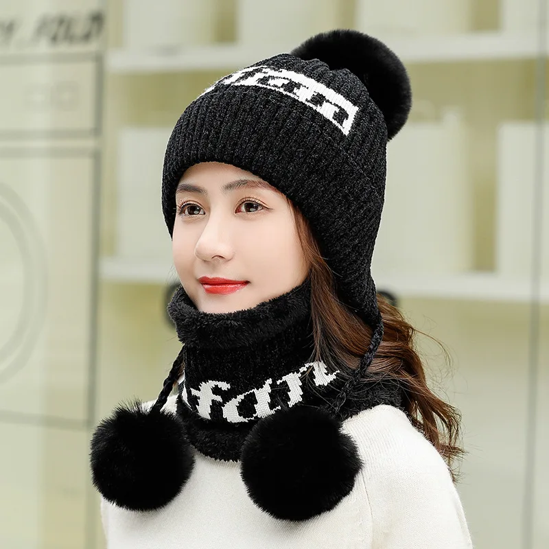 Осенне-зимняя женская шапка, шарф, наборы масок, модная женская вязаная шапочка с помпоном, утолщенная кроличья шерсть, теплая ветрозащитная женская шапка - Цвет: Black 2pcs