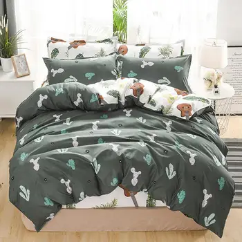 

J 3/4Pcs=Set Adult children Bedding Set Green cactus Pattern, Kit Including Pillowcase & Duvet Cover & Flat Sheet