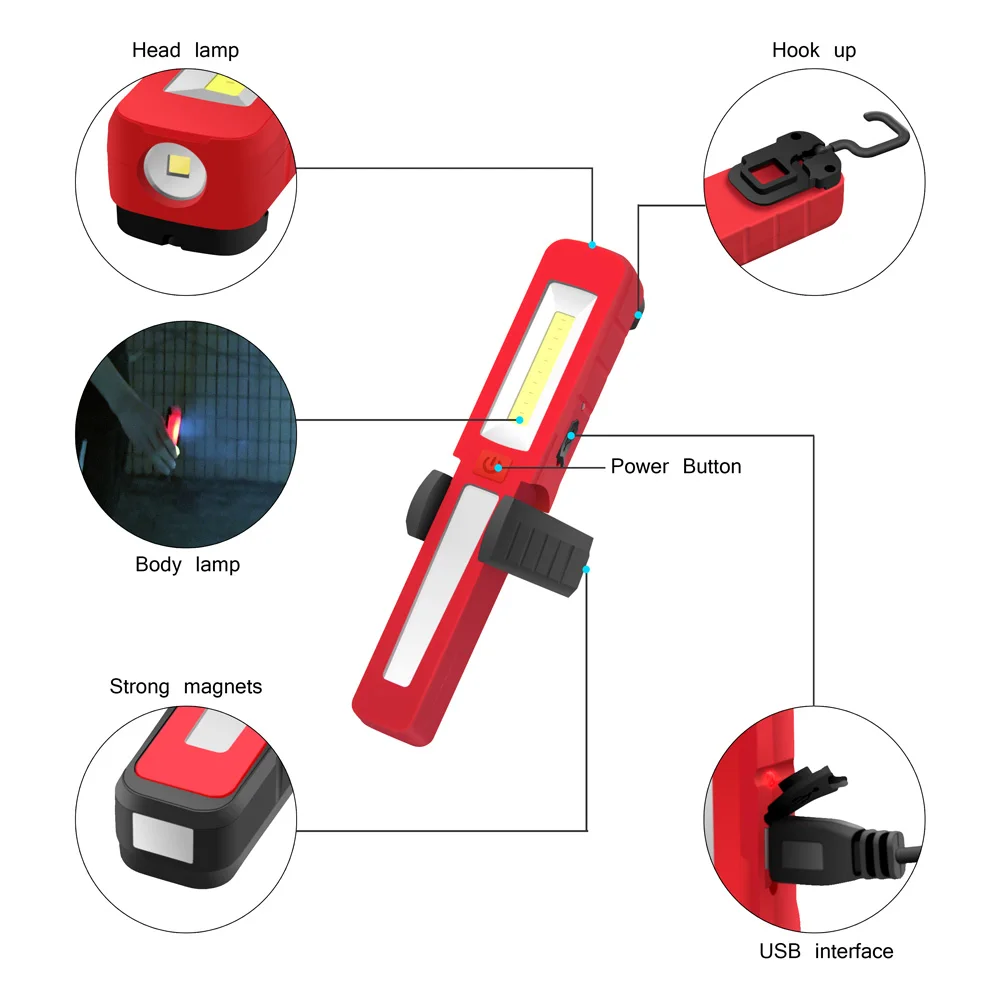 Новейший светодиодный фонарик USB Перезаряжаемый фонарь с блоком светодиодов Рабочая ручка свет крючок для аккумулятора открытый Автомобильный ремонт красные карманные фонарики