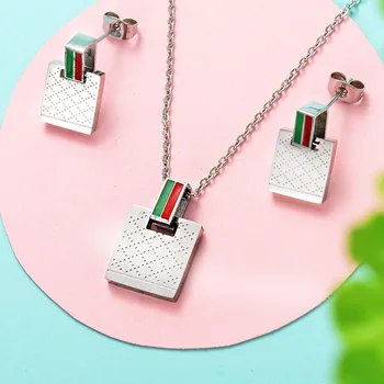 

Fashion Brand Jewelry Set Square Pattern Necklace Stud Earrings Wedding Bridal Jewelry Set Stainless Steel Jewelry Set For Women