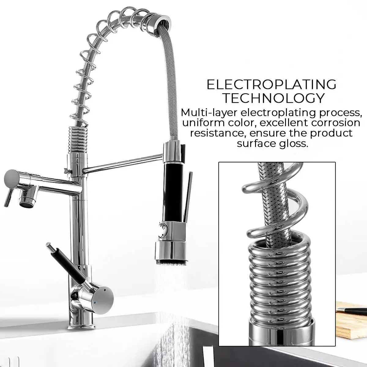  Kitchen Chrome Pull Out Side Spring Faucet Sprayer 360 Rotation Dual Spout Single Handle Mixer Tap  - 4000322347176
