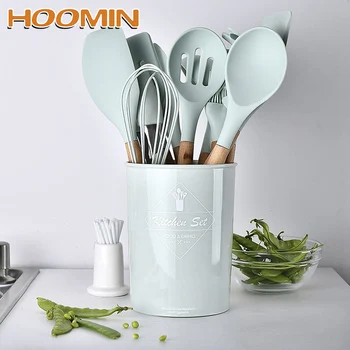 

HOOMIN 12Pcs/set Kitchenware Set Wooden Handle Kitchen Utensil Set Silicone Cooking Tools Household Accessories