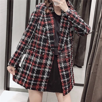 

Women Blazer and Jackets Double Breasted Plaid Blazer Coat Streetwear Korean Long Red Tweed Blazers Ladies Office Jacket Women
