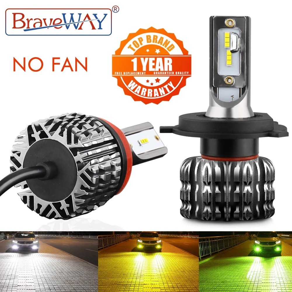 BraveWay NO Fan LED Car Bulb H1 H3 H4 H7 H8 H11 H27 9005 9006 HB3 BH4 Auto Lamps 12V Fog Lights LED Car Headlight Yellow Green