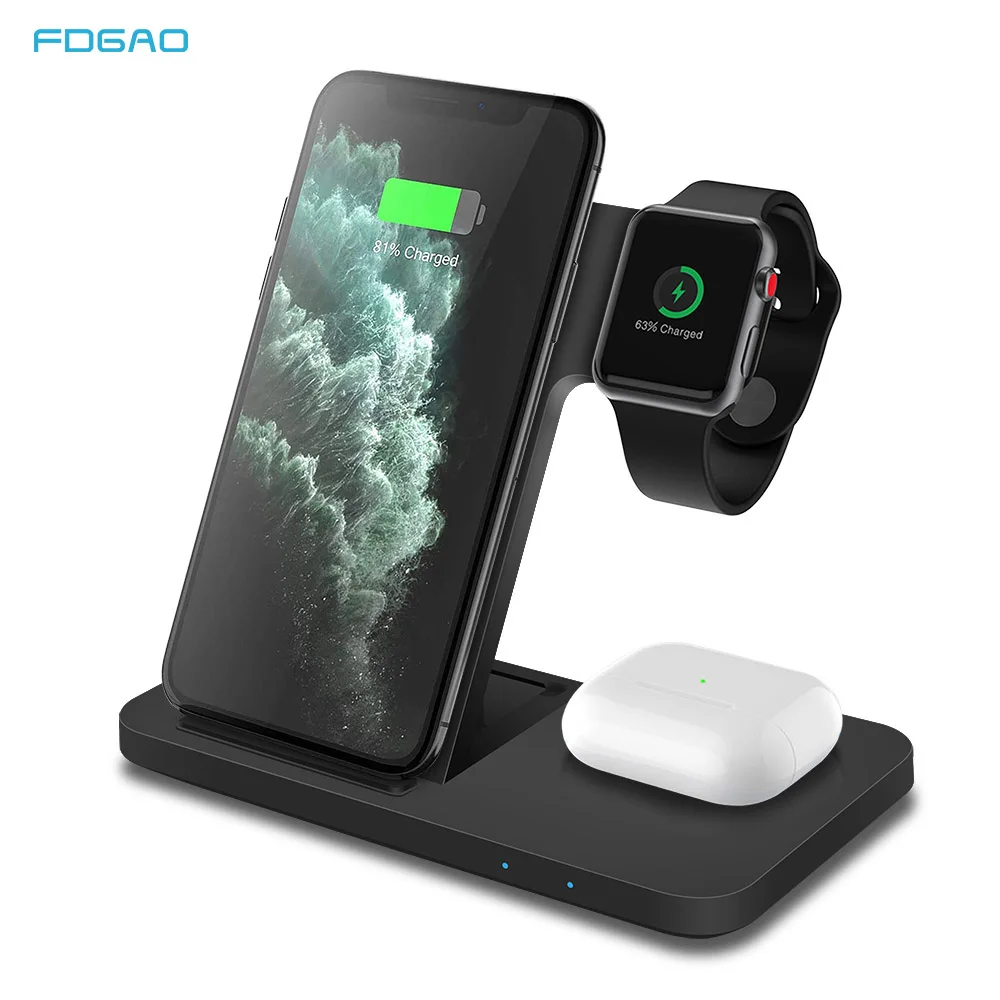 FDGAO 15W 3 in 1 Qi Wireless Charger Induction Fast Charge Dock Station for iPhone 11 XS XR X 8 Apple Watch 6 5 4 3 Airpods Pro