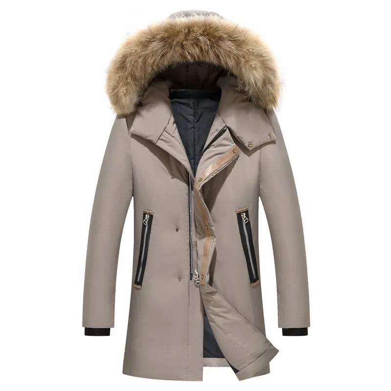 Русская зима, новинка, мужская длинная куртка на белом утином пуху, для холодной и теплой погоды, утолщенная, с большим меховым воротником, повседневная, с капюшоном, ветрозащитная, пуховая куртка