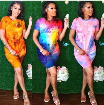 

2020 Women 2PCS Sports Tie Dyeing Print Tops High Waist Biker Shorts Pants Workout Outwear Tracksuit Outfit Casual 2 Piece Set