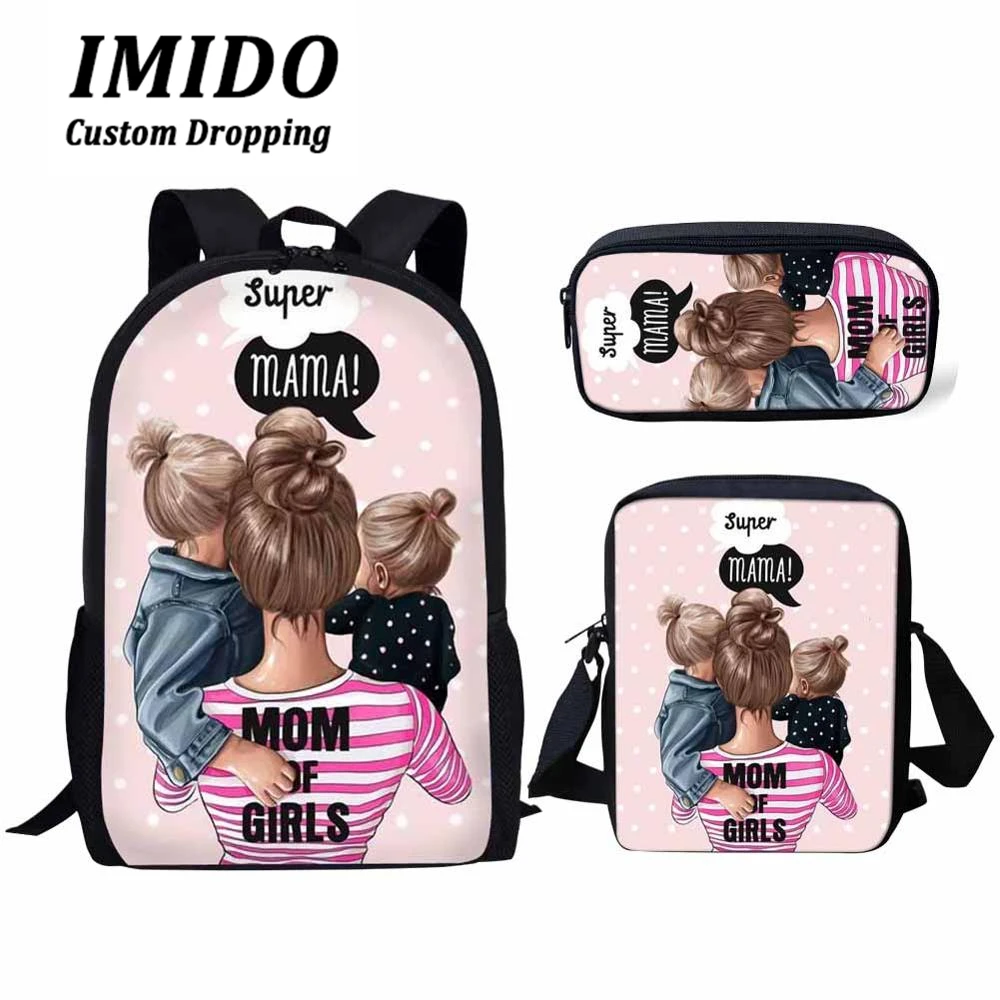 IMIDO queen принцессы супер для мамы, одежда для малышей с принтом; Одинаковая одежда школьные сумки для девочек 3 шт./компл. Начальная Школа сумка Детская одежда Стильный Рюкзак Mochila