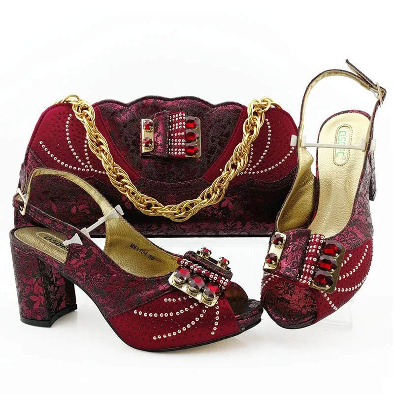 

Newest fashion african aso ebi wedding party 3.2 inches sandal shoes with clutches bag maroon shoes and bag set SB8448-2