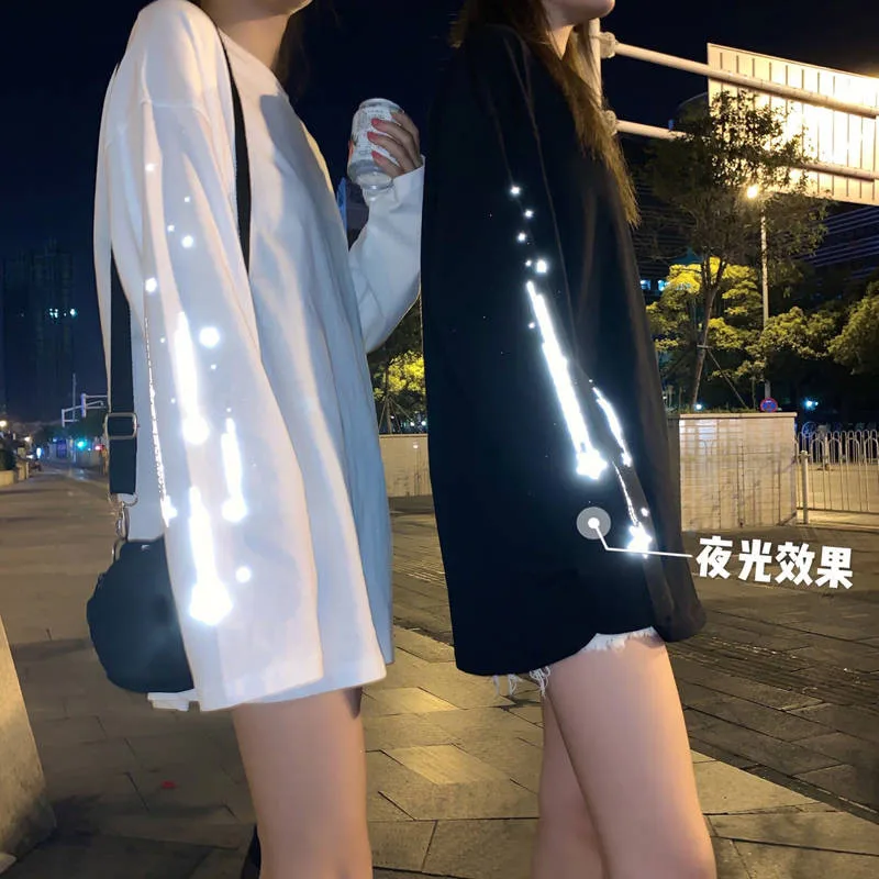 Женская футболка, осенняя, негабаритная, Harajuku, футболка, уличная, крутая, с принтом, футболка, лазерный светоотражающий Топ, приталенная, модная, футболка