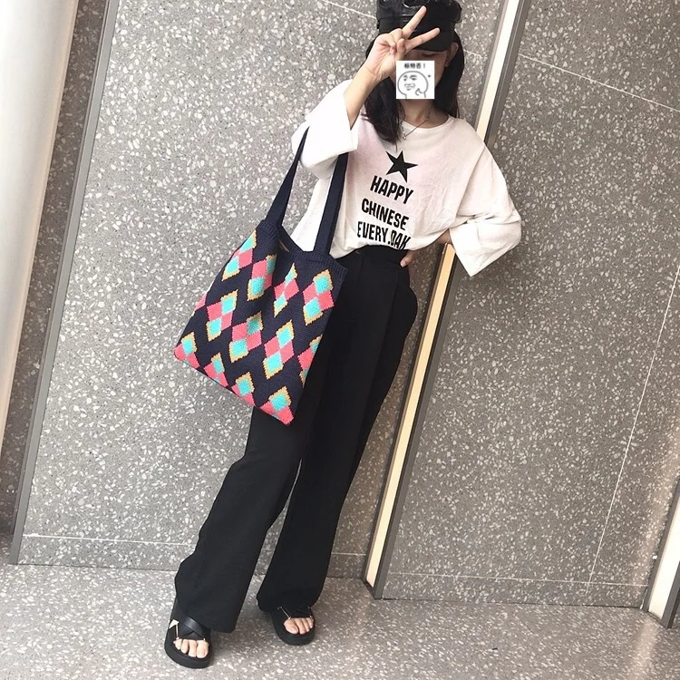 

Knitted WOMEN'S Bag Fashion Simple-Style GIRL'S Korean-style Large-Volume Versatile Woolen Yarn Bag Bed & Breakfast-Style Should
