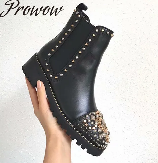 

Prowow New Genuine Leather Metal Studded Autumn Winter Boots Round Toe Slip On Low Heel Ankle Boots Shoes Women