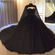 2021 Black Gothic Wedding Dresses With Cape Sweetheart Beaded Tulle Princess Bridal Gowns Plus Size Corset Back Marriage