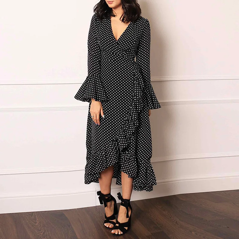 

2019 V-Neck Wrap Polka Dot Dress Elegant Ruffle Women Dresses Evening Party Printed Long Dress Autumn Spring Irregular New GV939