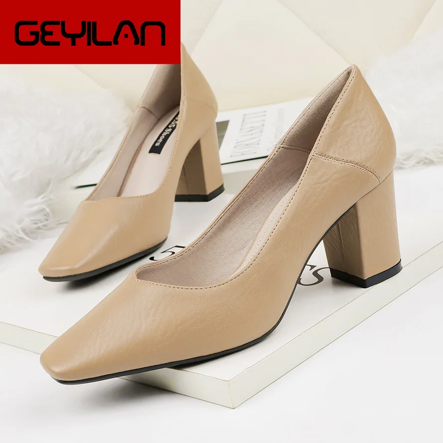 

2020 New Spring Women Pumps High Block Heel Square Toe Shallow Casual Fashion Women Shoes Camel Sexy Office Ladies High Heels