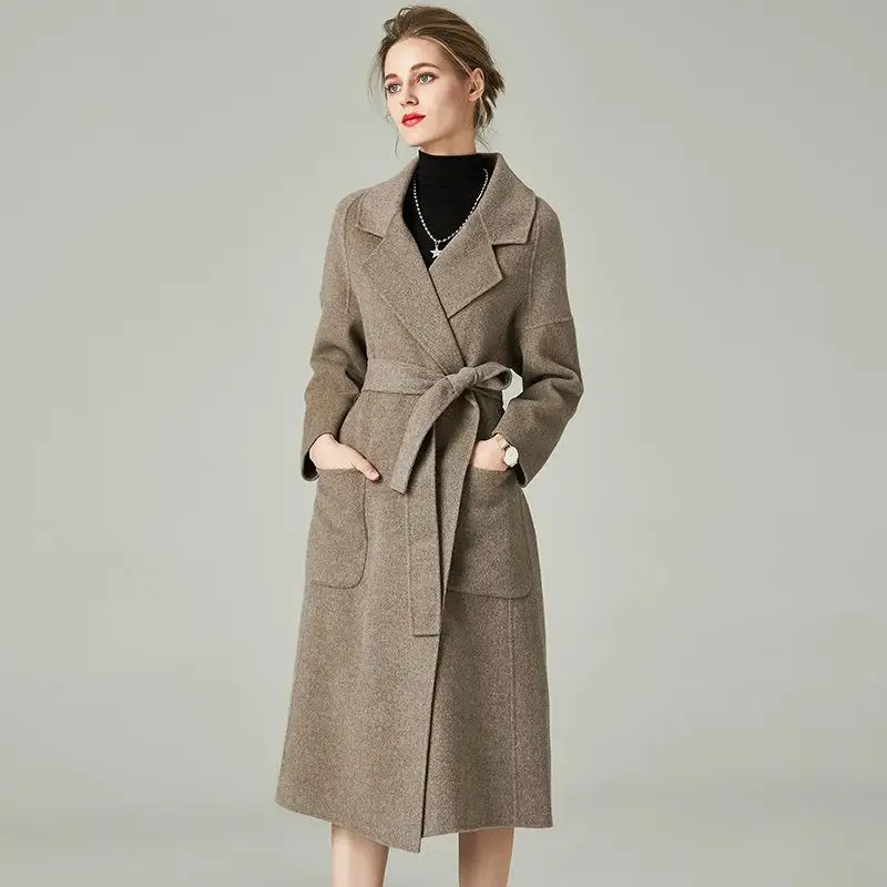 High End Winter Korean Fashion Double-Sided Long Belt Wool Cashmere Coat Women Europe Plus Size X-Long Loose Woolen Jacket - Color: Gray