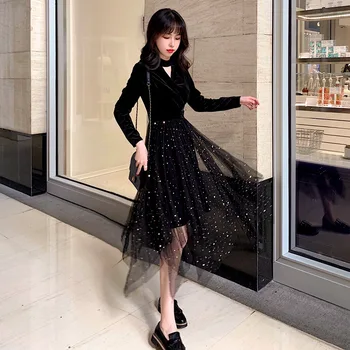 

2020 Women's Wear V Collar Temperament Slim Irregular Sparkling Stars Mesh Velvet Dress