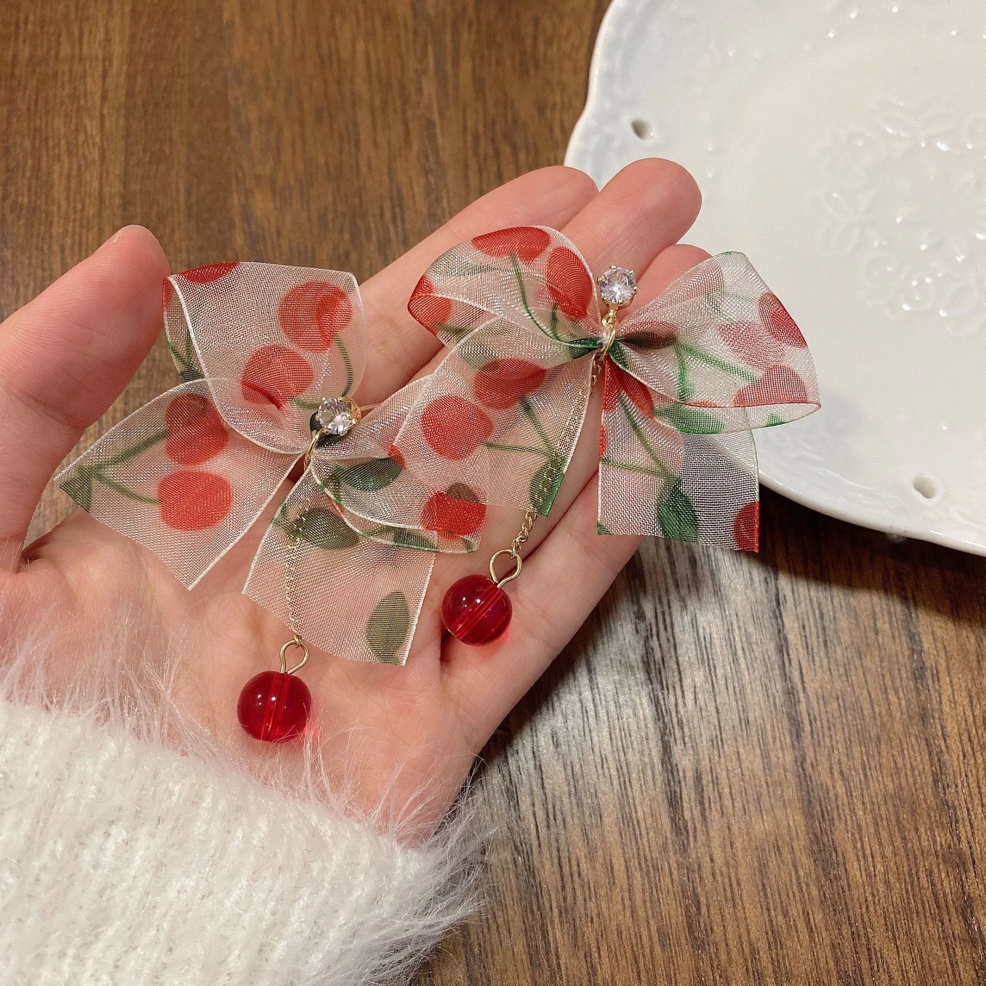 Korean Organza Bow Crystal Ball Clip on Earrings Sweet Big Bowknot Long Red Cherry Pendant  Clip on Earrings Without Piercing