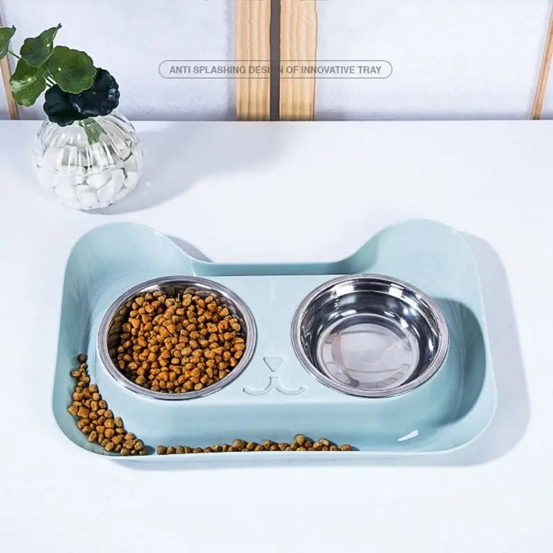 Dogs Cats Puppy Stainless Steel Double Bowls Pet Food Water Feeder