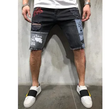 

3 Styles Men Stretchy Ripped Skinny Biker Embroidery Print Jeans shorts Hole Taped Slim Fit Denim Scratched Jeans shorts