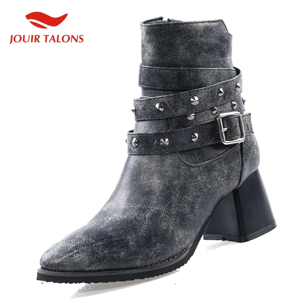 

JOUIR 2020 Plus Size 32-48 Chunky Heels fashion Shoes Woman Boots Female Zip Up Rivet Buckle Decoration Ankle Boots Women Shoes