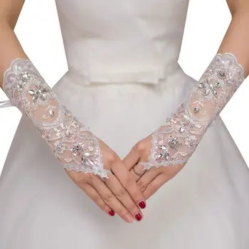 

Short Wedding Gloves Floral Lace Rhinestone Criss Cross Ribbon Bridal Mittens
