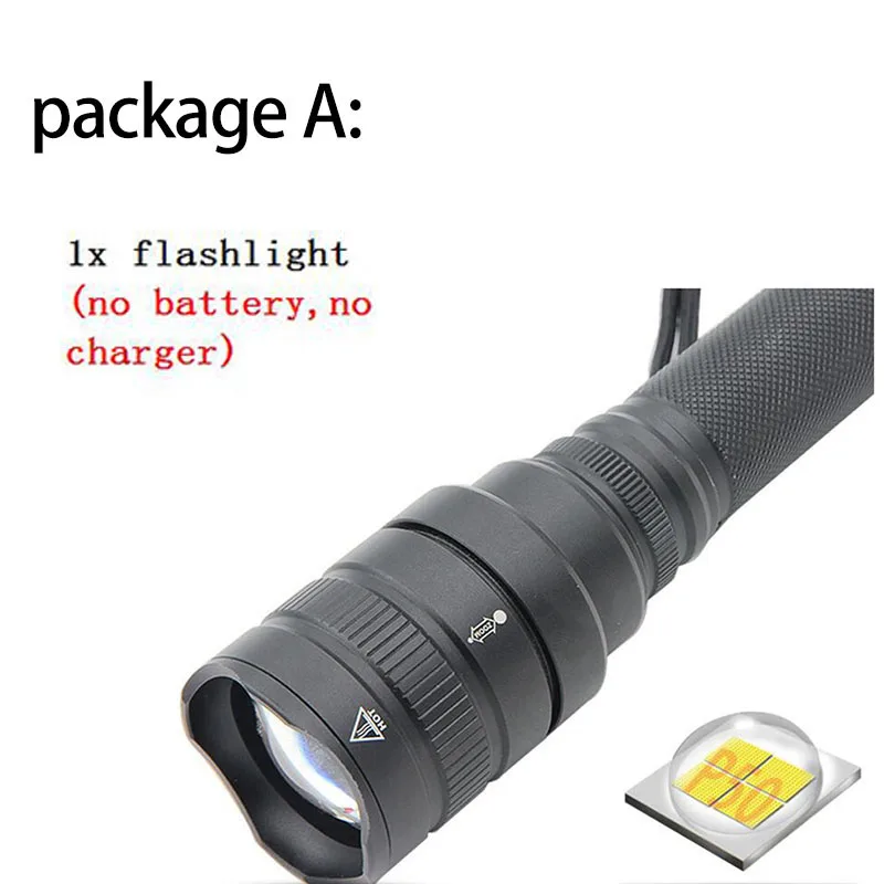 package A Тактический XHP50 светодиодный фонарик самый супер мощный 18650 длинный диапазон вспышка прожектор фонарь с регулируемым светом p50 torcia tourch кемпинг - Испускаемый цвет: package A