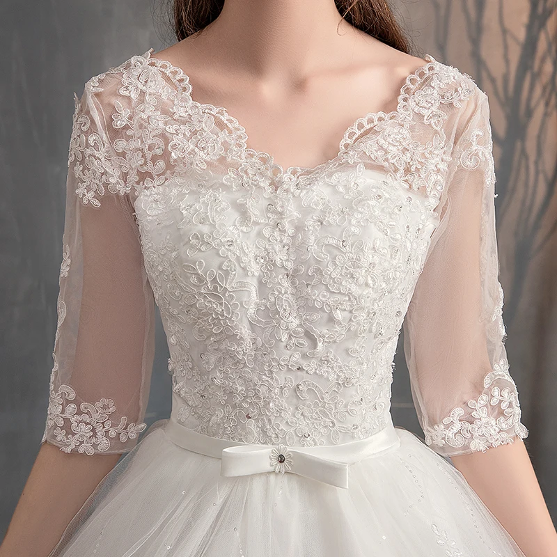 ball gown wedding dress 2022 New V Neck Half Sleeve Wedding Dresses Long Lace Embroidery Train Bridal Gown Elegant Plus Size Vestido De Noiva wedding gown