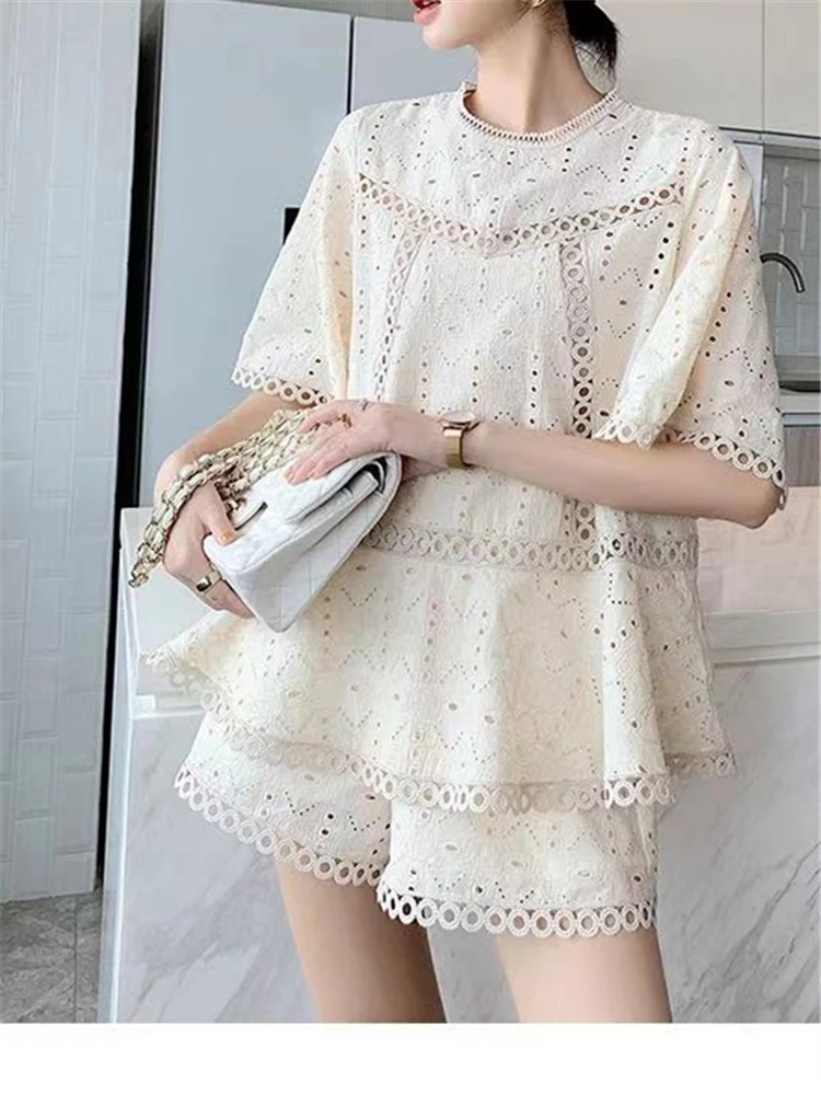 plus size loungewear sets Women 2 Piece Sets French Vintage Summer 2021 New Hollow Out Lace Round Collar T-shirt + Shorts Suits Fashion Elegant Female Set two piece skirt and top