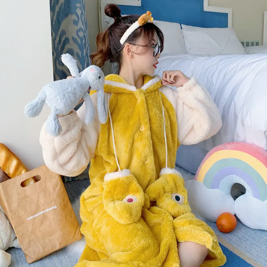 

Winter Yellow Flannel Sleepwear Women Cozy Lounge Wear Wam Soft Caroset Night Dress Female Comfort Hooded Sleeping Nightgown New