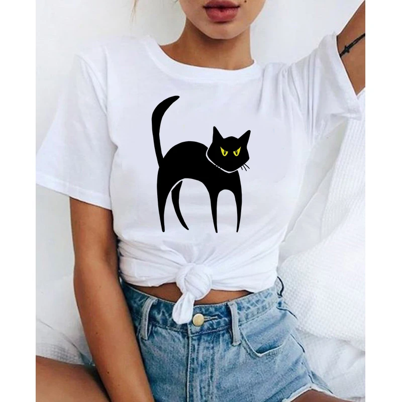

Graphic tees tops Black Cut Cat Theme tshirts women funny t shirt white Tops casual short Camisetas Mujer_T-Shirt