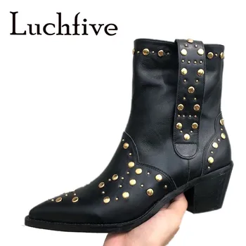 

Black White Cow Leather Cowboy Boots Gold Studed Pointed Toe Ankle Boots European Plus Size Winter Shoes Women Short Boots