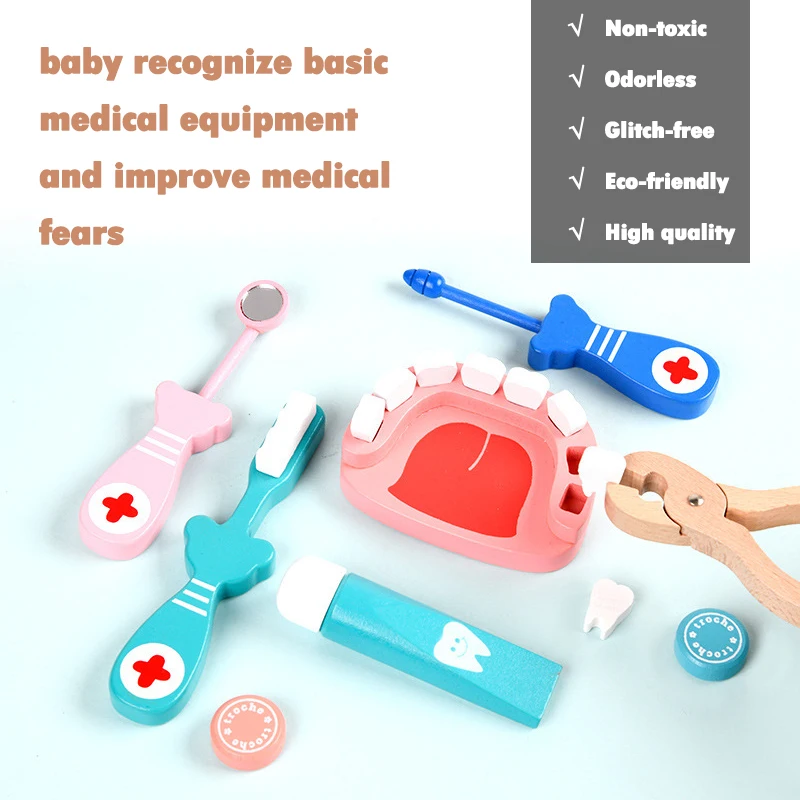Wooden Pretend Play Doctor Set Educational Toys For Kids Simulation Medicine Chest Kit Dentist Nurse Games Medical Toys For Girl