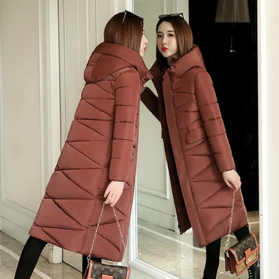Зимние куртки для женщин с капюшоном и воротником-стойкой, хлопковое стеганое Женское пальто, зимняя женская длинная парка, теплые плотные пальто с хлопковой подкладкой - Цвет: Brick red