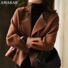 

Real Wool Patchwork Genuine Leather Coat Jackets Women Female Sheep Skin Leather Drawstring Short Overcoats Zipper Outwear