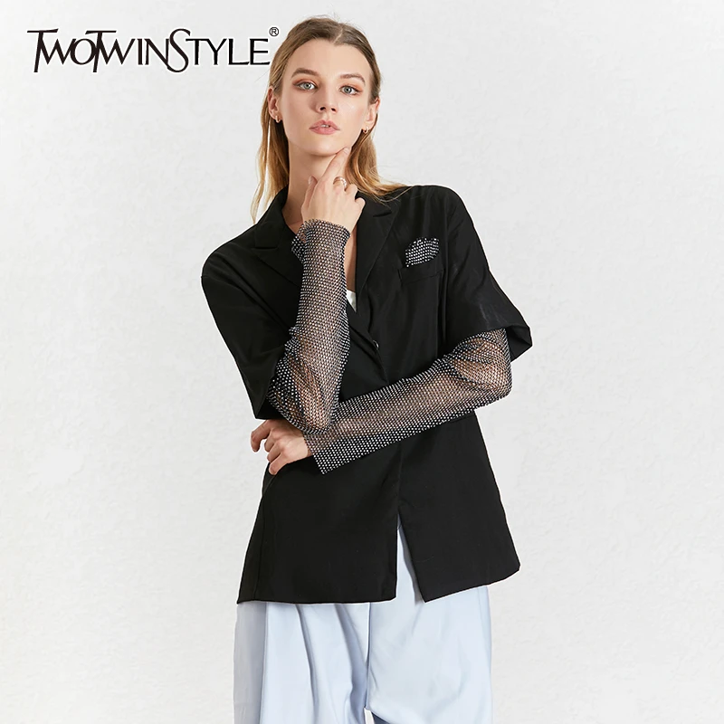 

TWOTWINSTYLE Diamond Patchwork Women's Blazer Notched Collar Long Sleeve Summer Elegant Coats Female 2019 Fashion Clothes New