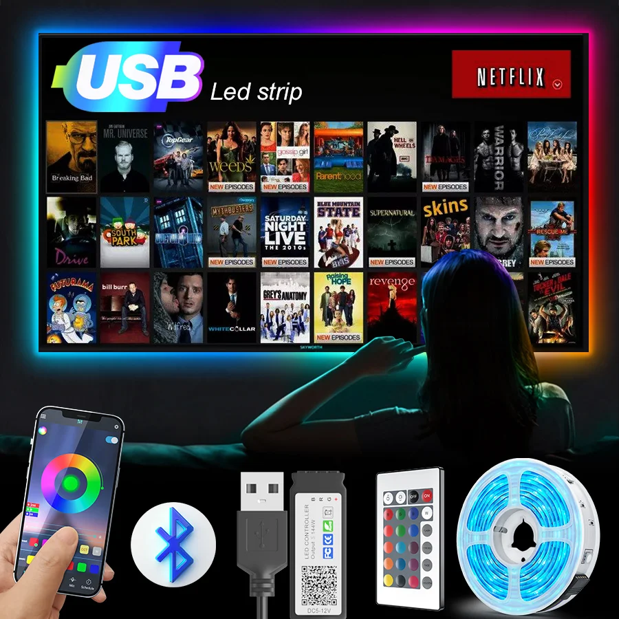 Bluetooth 5V USB Led Strips Lights 1M-30M 5050 RGB Flexible Ribbon Diode Tape Desktop Screen For TV BackLight Decoration Bedroom