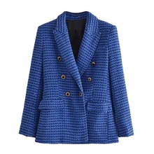 Blazer de tweed feminino escritório wear duplo breasted azul casaco outono vintage manga longa feminino terno jaqueta moda outwear topos