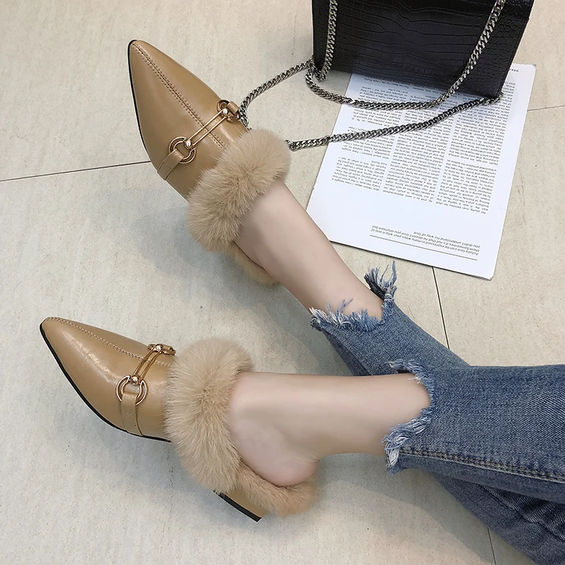 

Square heel Slippers Fur Pointed Toe Socofy Shoes Women Luxury Slides Med Heeled Mules Loafers Block Plush Soft Designer 2019