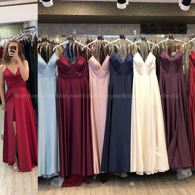 

Simple Red Prom Dresses Long Spaghetti Straps A-line Formal Party Gowns High Slit Burgundy Celebrity Dresses vestidos de gala