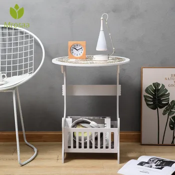 

Mini WPC Round Coffee Tea Table Home Living Room Sofa Side Two Layers Storage Rack Bedside Table Carved White Shelf