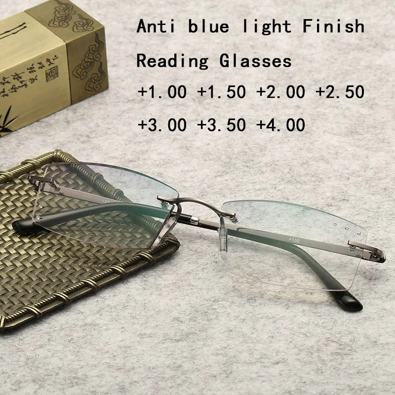 

Reading Glasses Anti Blue Light Finish Presbyopia Eyeglasses Computer blue Ray Filter Rimless Metal Frame Hyperopia Read Eyewear
