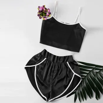 

Sleepwear Women Pajamas Sets Cute Sexy Black Spaghetti Strap Cami Crop Tops Shorts Set Pajamas Sleepwear Women Pajamas Mujer
